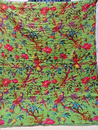 Colcha de algodón con estampado de pájaro Kantha verde hecho a mano indio tradicional de Jaipur 2