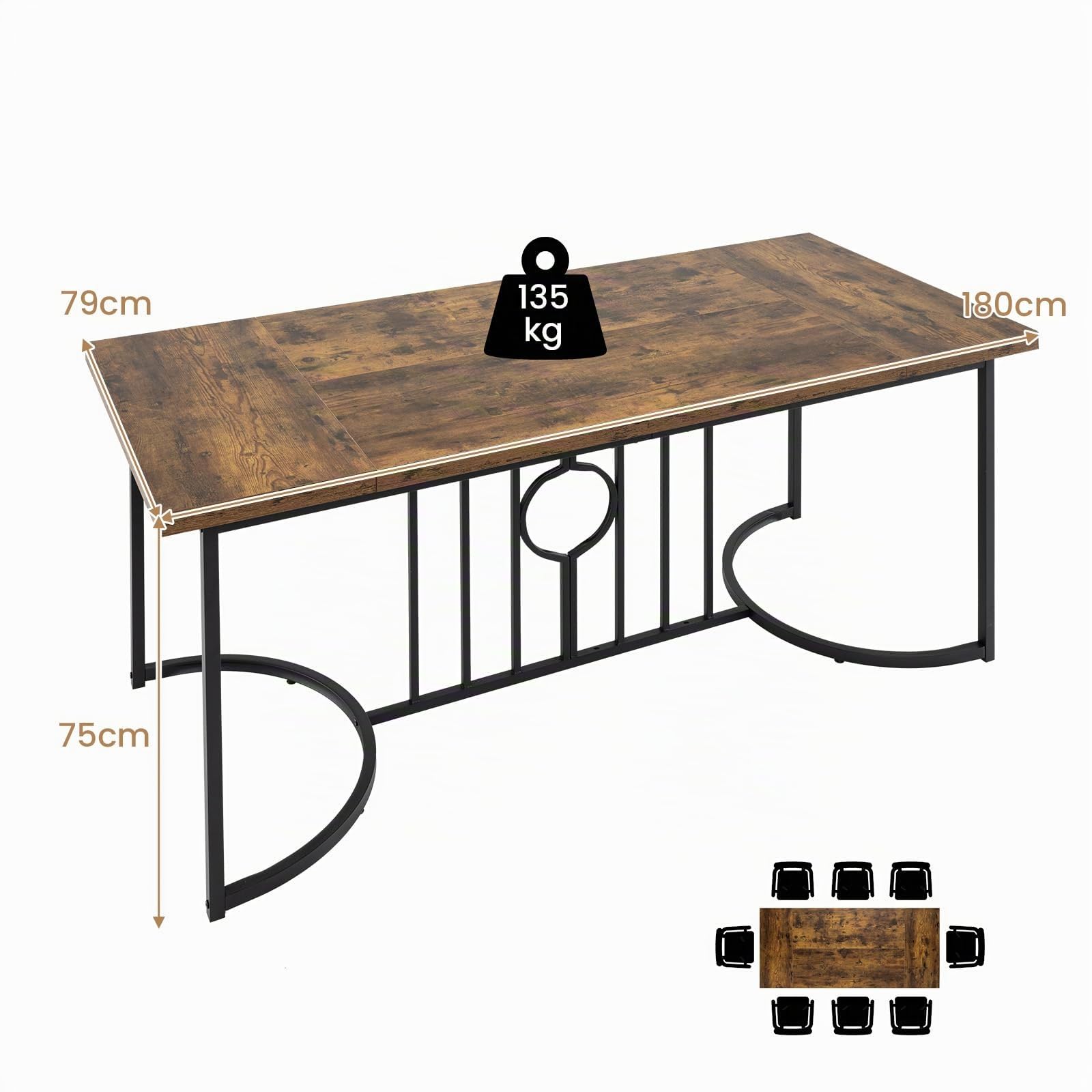 LIFEZEAL Mesa de Comedor de 180cm con Superficie de Madera | Mesa rectangular para 6-8 personas con estructura de metal geométrica, ideal para hogar y restaurante