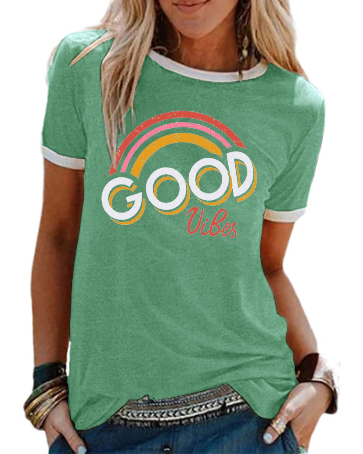 heekpek T Shirt Damen Sommer Brief Gedruckt T-Shirt Damen Rundhals Oberteile Sommer Kurzarm Shirt Lässige Hemd Tops Bluse | Sommer, Brief Gedruckt, Rundhals, Lässige