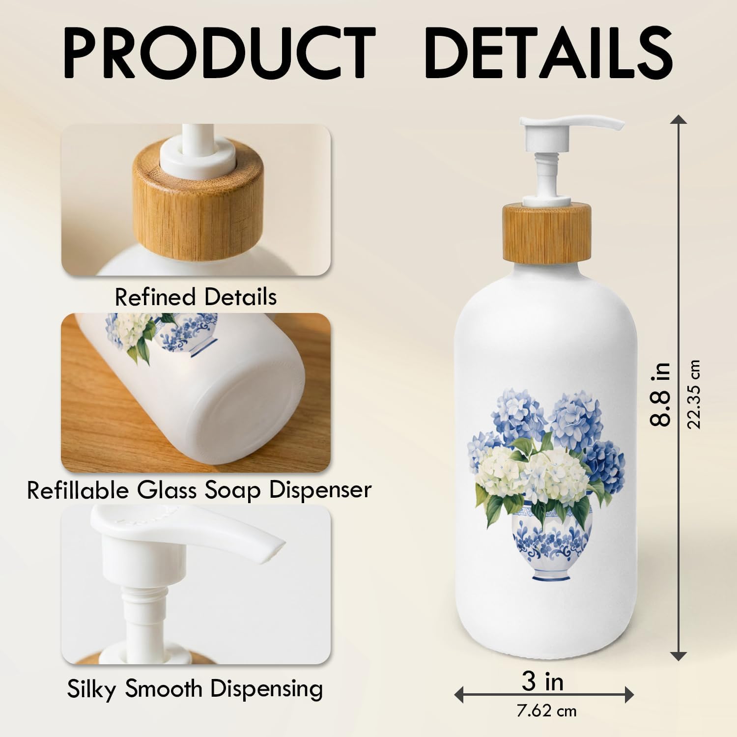 Chinoiserie Hydrangea Soap Dispenser, Blue & White Porcelain Flower Glass Dish Soap Dispenser with Pump for Kitchen, Grand Millenial Decor Bathroom Countertop Handsoap Liquid Container