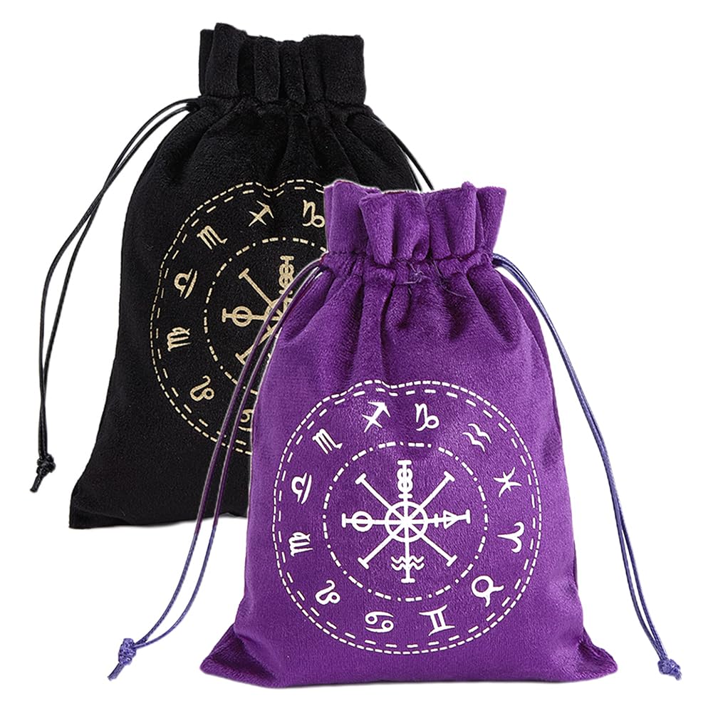 CREATCABIN 2 Bolsa Tarot Terciopelo Almacenamiento Tarjetas Tarot,12 Bolsas Constelaciones,Soporte para Runas con Cordones,Embalaje Grande para Cartas Tarot,Joyería Cristal,Dados,18x13cm,Negro Morado