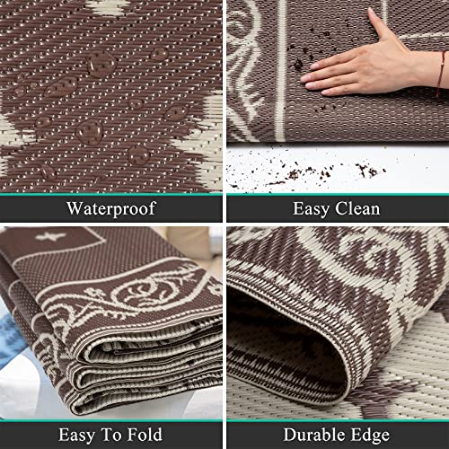 Pauwer Waterproof Outdoor Rug 9x12, Plastic Patio Rug, Bordered Brown - Image 4