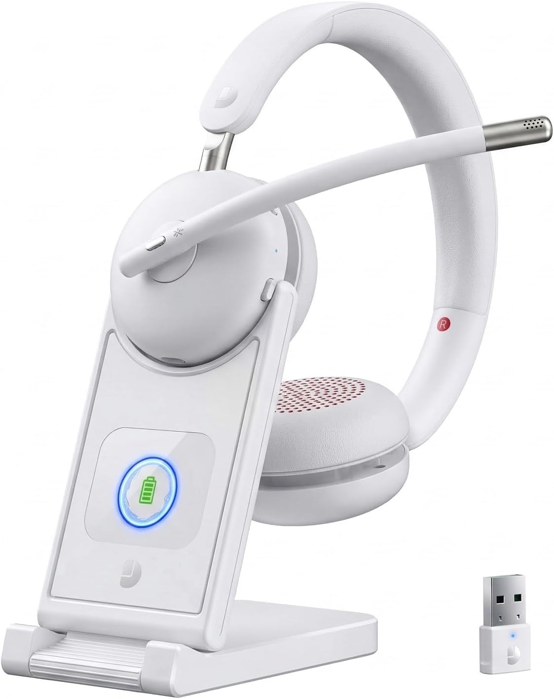 Wireless Headset with Mic for Work-Bluetooth 5.3 Headset with Noise Cancelling, Wireless Headsets with 65Hrs Battery & 10Min Fast Charge, Smart Dock with Digital Display for PC/Computer White