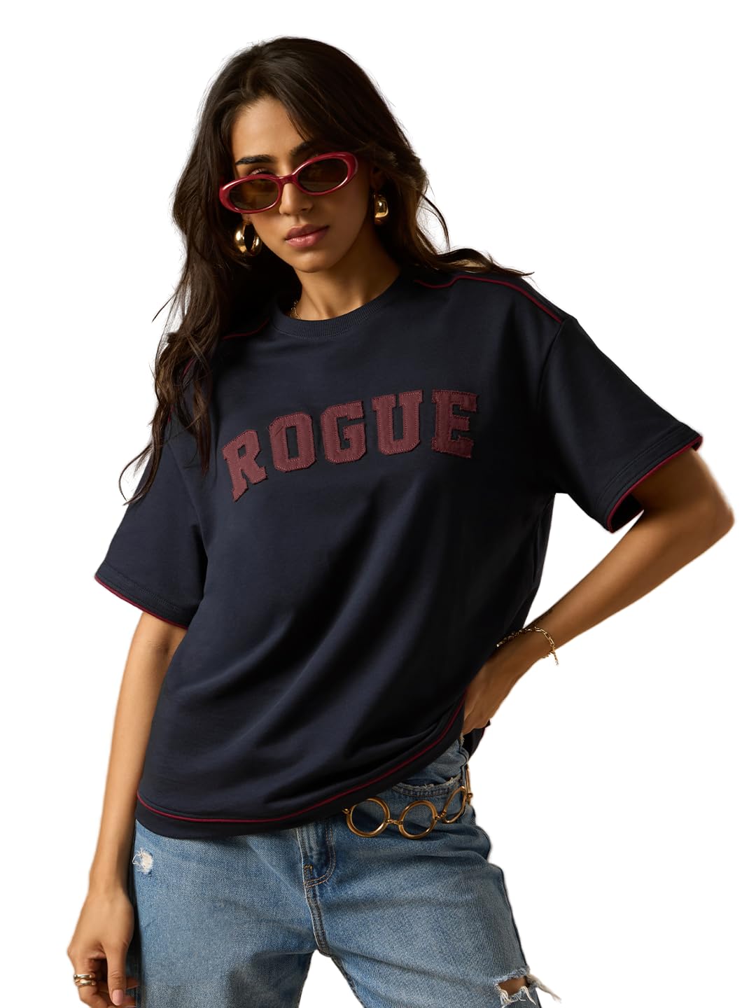 the souled store Oversized T-Shirt: Rogue Women and Girls Short Sleeve Round Neck Navy Blue Embroidered Cotton Casual Drop Shoulder Lightweight All-Season Oversized T-Shirts-picture-24