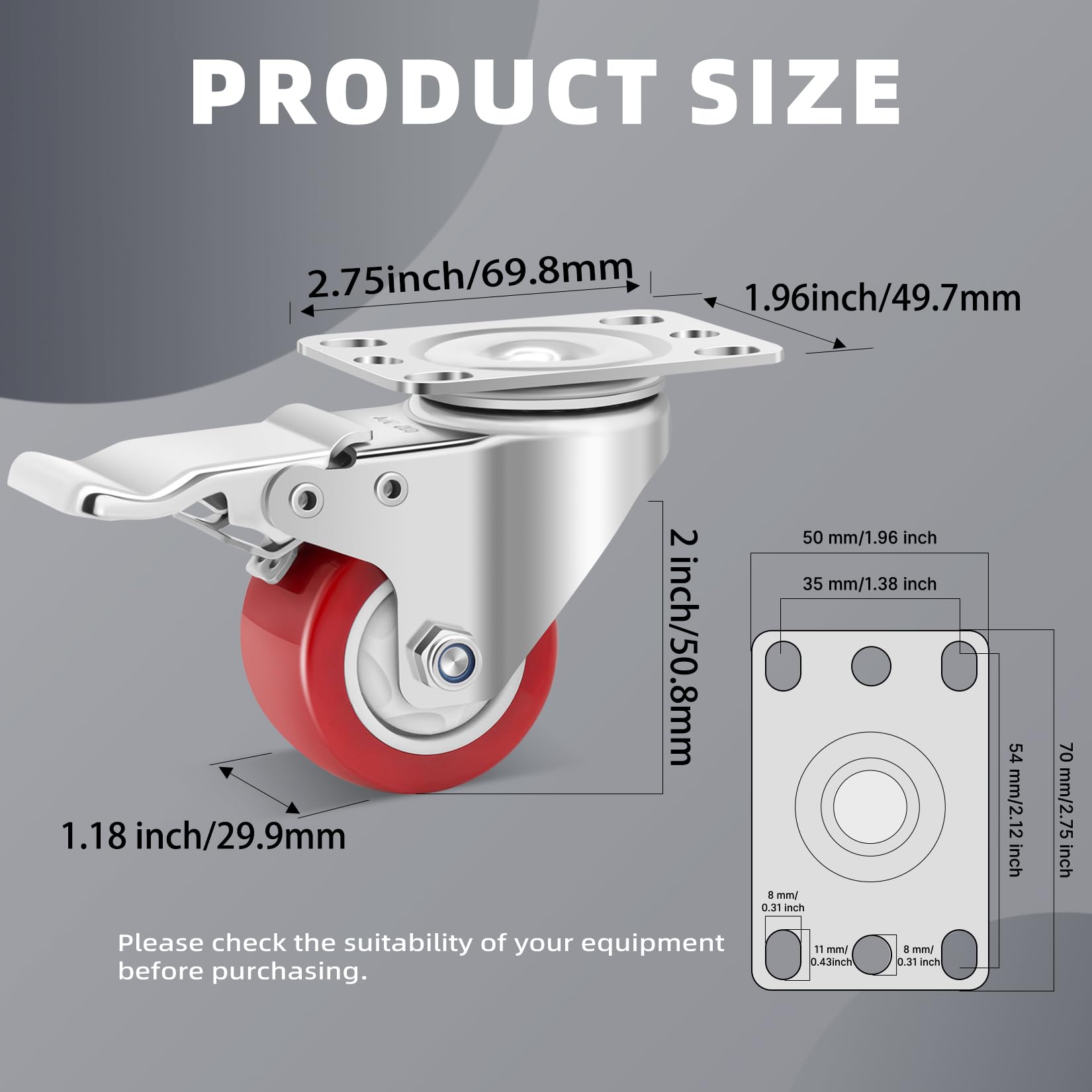 W B D WEIBIDA Edelstahl 304 Möbelrollen Klein mit Bremsen, 50mm Korrosionsresistente Schwerlastrollen Klein Tragfähigkeit 360kg, Lenkrollen Klein mit Platte für Möbel, Geräte,Regale,Ausrüstungen,Wagen
