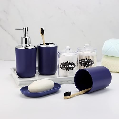 Miniatura 4 de IMAVO Juego de accesorios de baño, 8 piezas de accesorios de baño azules con basura, dispensador de jabón, jabonera, soporte para cepillos de