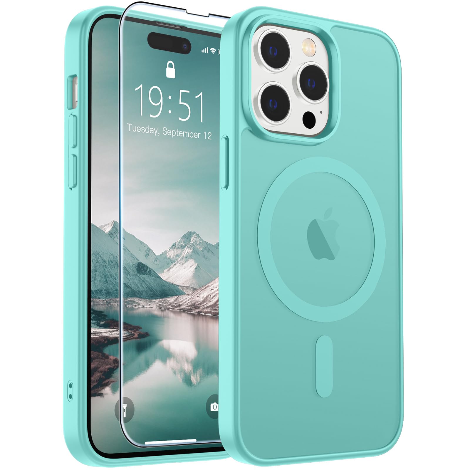 SUPFINE Magnetic for iPhone 14 Pro Max Case Blue Green | With Screen Protector, Translucent Matte, Compatible with MagSafe, Military Grade Drop Proof, Rugged Shockproof Protective