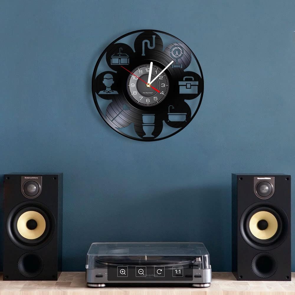 12 Inch Plumber Wall Clock, Silent Quartz Non Ticking Battery Operated Modern Decorative Analog Black Vinyl Record Wall Clock for Maintenance Man Gifts Bedroom Living Room Office Decor