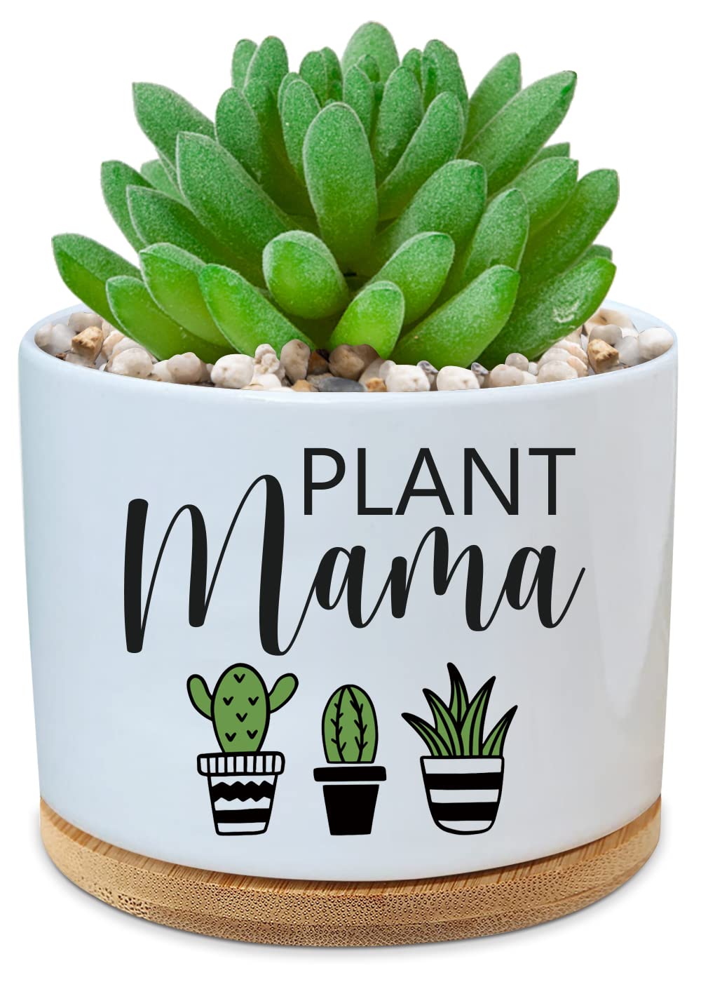 BEILE Ceramic Plant Succulent Cactus Planter Pot with Bamboo Saucers - Plant Mama White Mini Cactus Plant Office Garden Home Decor for Mom, Mama, Mother, Plant Lover Appreciation Gift