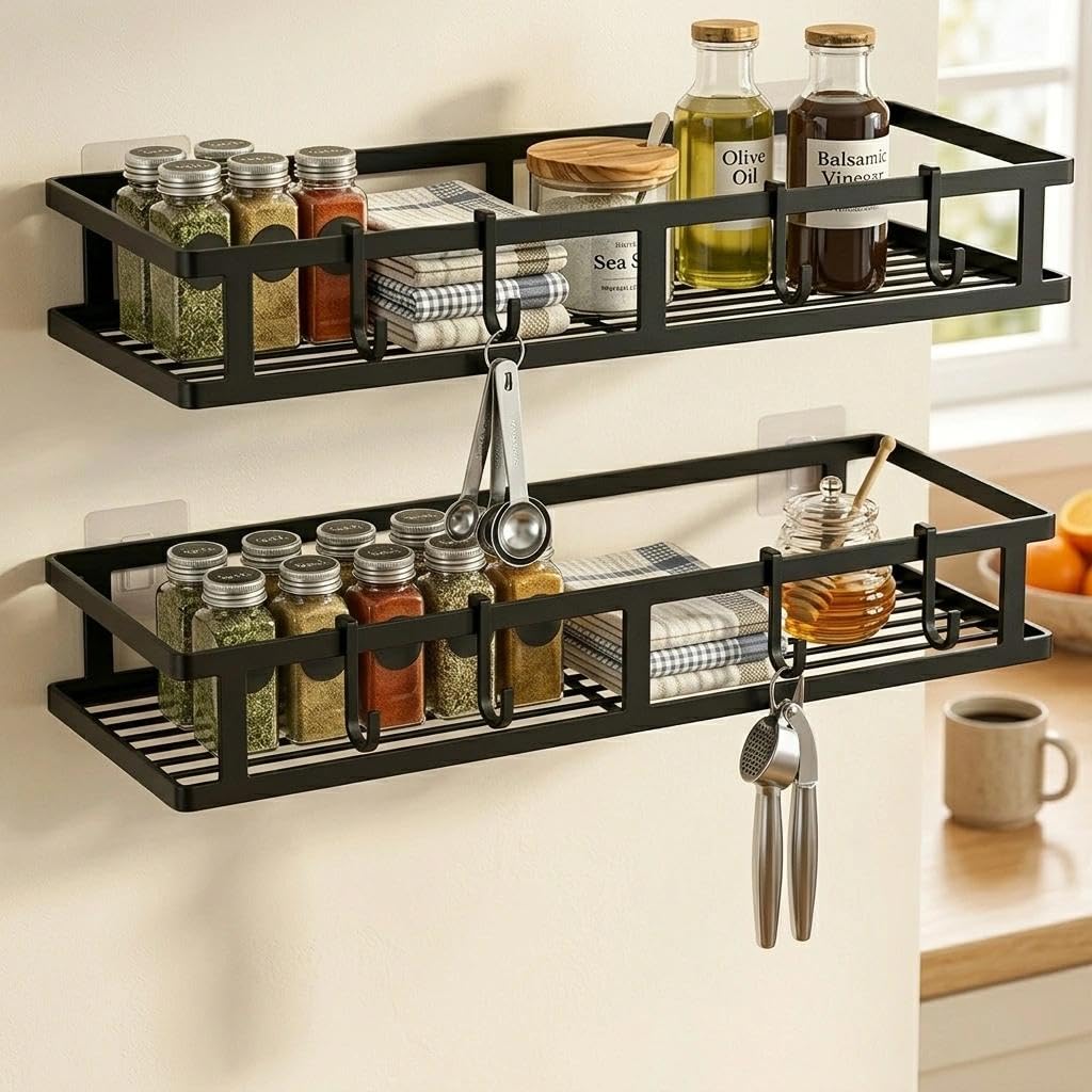 Portaspezie da Parete 2 Pezzi, Porta Spezie per Cucina Salva Spazio in Metallo Nero, 30 x 12,5 x 5 cm, Portaspezie da Appendere per Barattoli e Condimenti