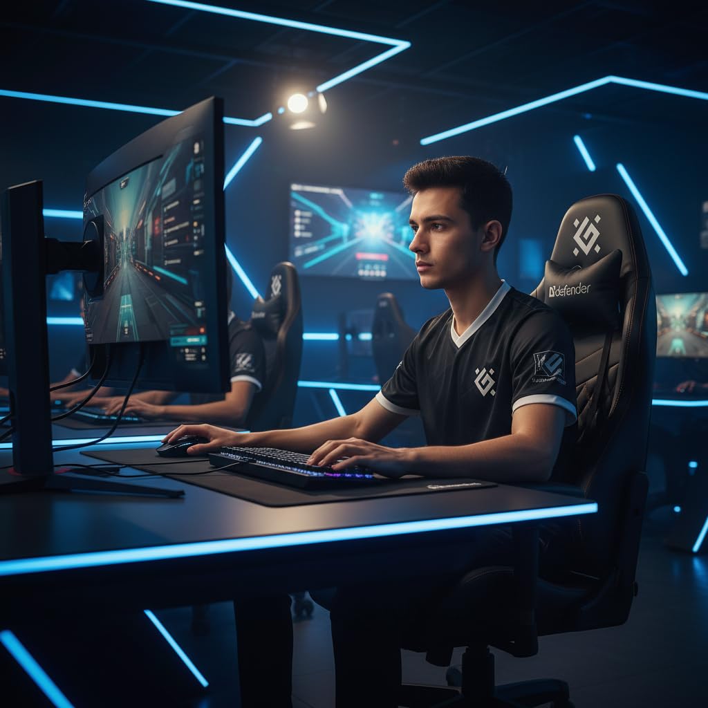 Defender® Gaming Stuhl, Ergonomischer PC Stuhl, bequemer Bürostuhl für Home Office oder Gamer-Sessel, Kopfkissen, Höhenverstellbar, Computerstuhl, PVC-Leder, Schwarz