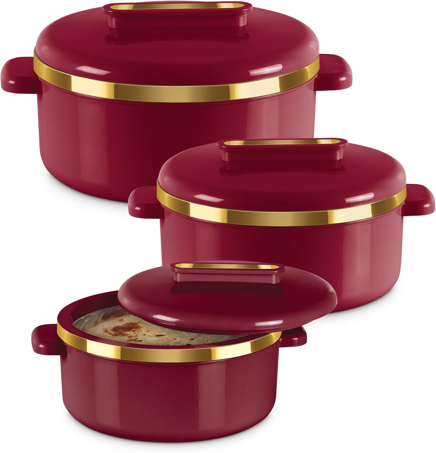 Milton Curve Regular Inner Stainless Steel Casserole Set of 3 (840 ml, 1300 ml, 1880 ml), Maroon | BPA Free | Food Grade | Easy to Carry | Easy to Store | Chapati | Roti | Curd Maker