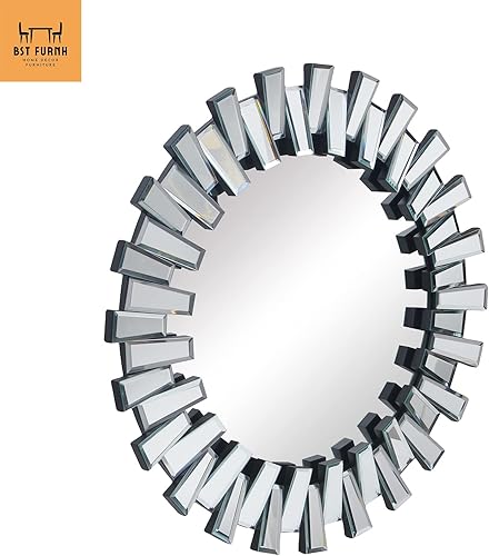 Miniatura 6 de BST FURNH Espejo Redondo de Pared Decorativo de 24 Pulgadas Espejo de Pared Decorativo con Marco Irregular y Borde Biselado Espejos para Pared