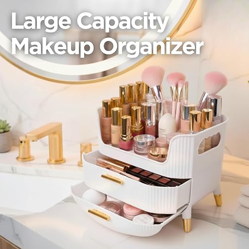 Miniatura 2 de HALAFE Organizador de maquillaje con cajones, caja de almacenamiento de cuidado de la piel para tocador, múltiples compartimentos, estuche de