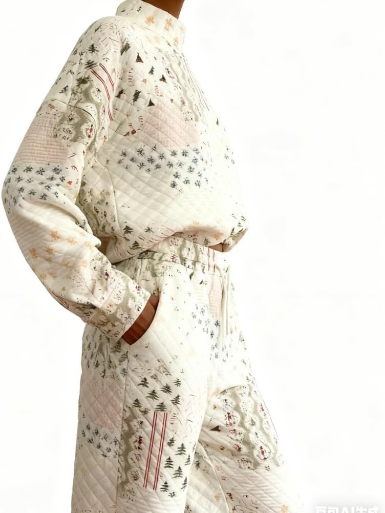 Women's Christmas Quilted Turtleneck Sweatshirt Set, Comfortable Crew Neck Sweatshirt and Shorts Set, Casual Loungewear