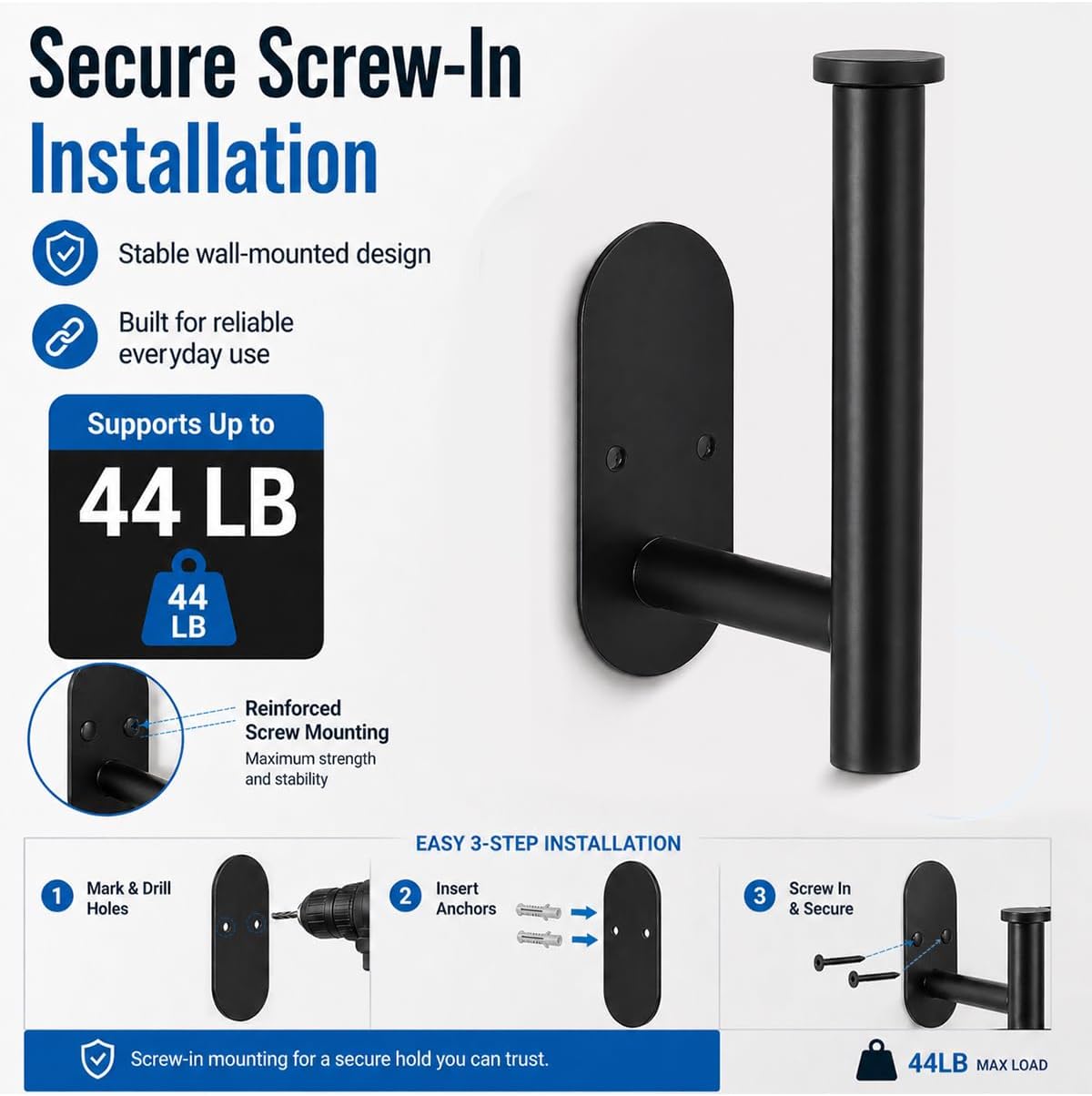 2Pcs Black Toilet Paper Holder Wall Mount For Bathroom, Heavy-Duty Screw-In Rv Toilet Roll Holder, SUS304 Rustproof Stainless Steel Rust Proof, Suitable For Kitchen Washroom Thicken Morden Matte Black image 3