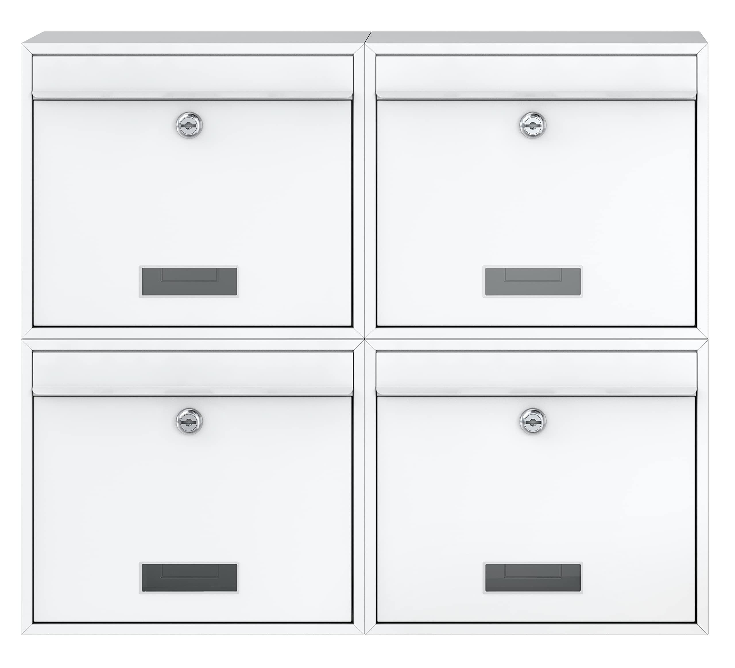 Ensemble de 4 boîtes aux lettres BASI | Boîte aux lettres murale en acier | Couleur Blanc | Avec porte-nom | Serrure cylindrique avec 2 clés | Matériel de fixation inclus | Système de boîtes aux