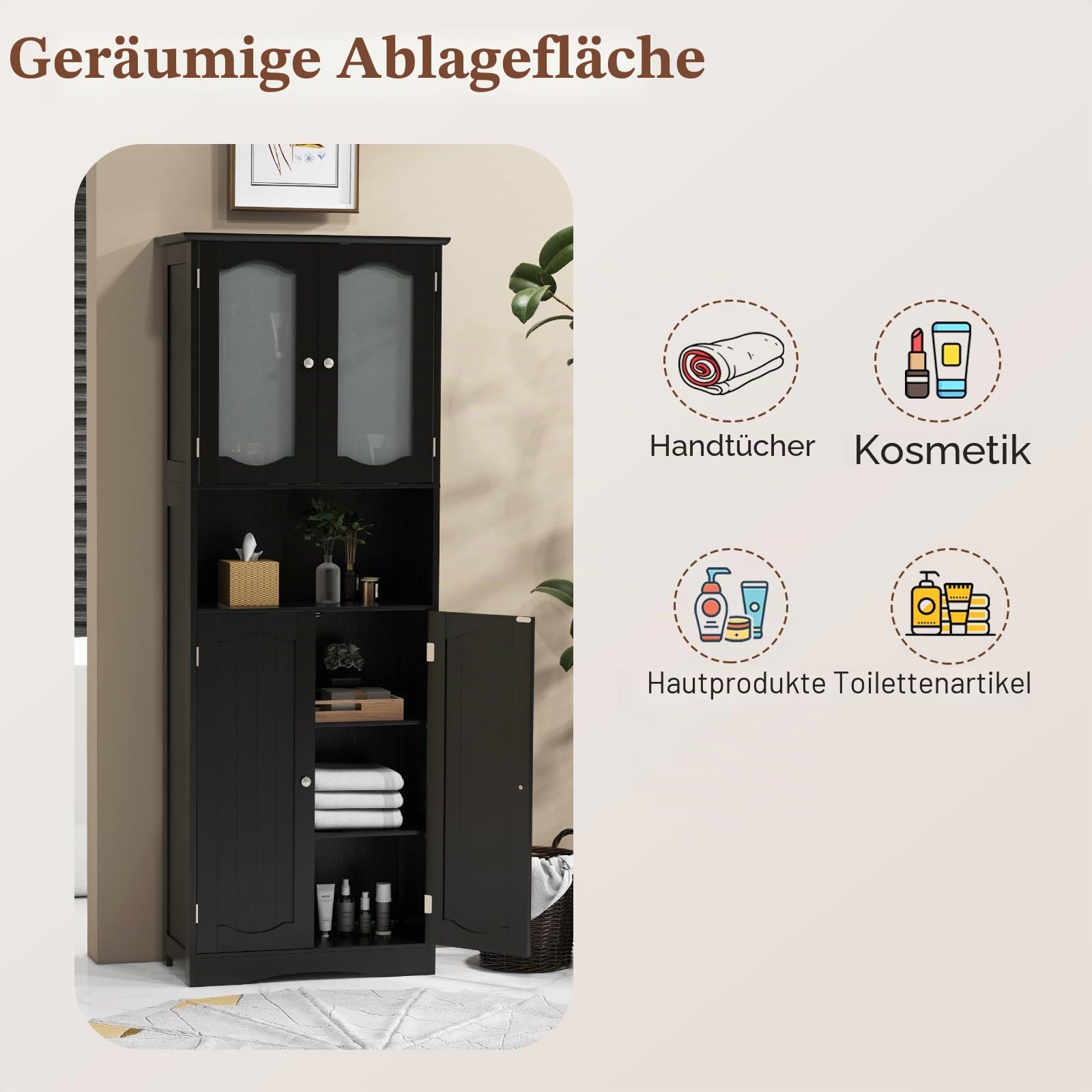 LIFEZEAL Hochschrank, Freistehender Badezimmerschrank mit Glastüren, Badschrank mit verstellbaren Regalen, Aufbewahrungs-Organizer für Küche, Wohnzimmer, Büro, 60 x 30 x 164 cm (Schwarz)