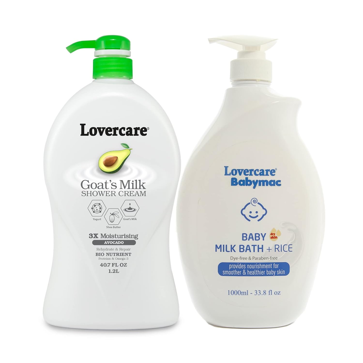 Lover's Care Combo Goat Milk Moisturizing Body Wash Shower Cream Avocado 40.7 fl oz (1200ml) & Lovercare Babymac Baby Milk Bath + Rice 33.8 fl oz (1000ml)