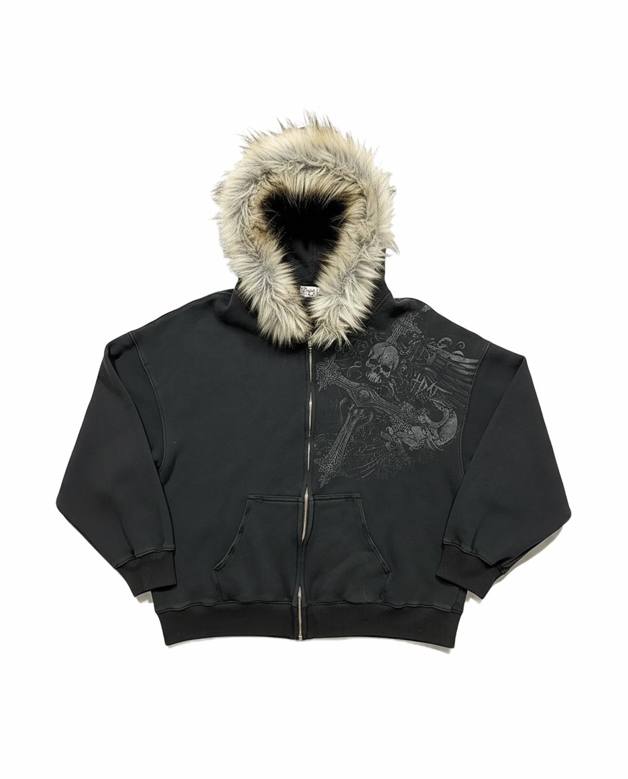 Lomehue Men Grunge Hoodie Unisex Jacket With Fur Hood Y2K Emo
