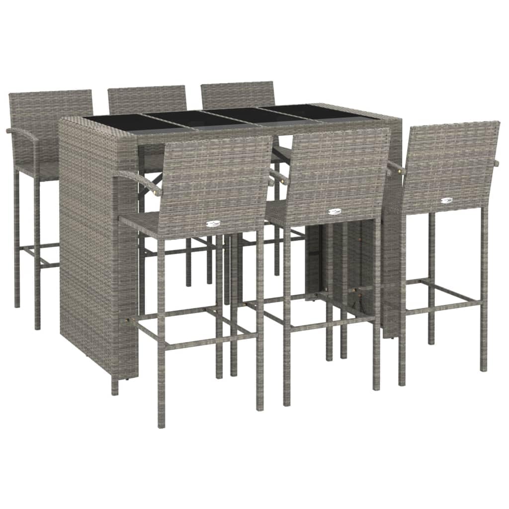 Juego de 7 barras de jardín de poliratán gris con 1 mesa de bar y 6 taburetes, mesa de comedor con tapa de cristal y marco de acero para jardín, terraza, balcón y exterior
