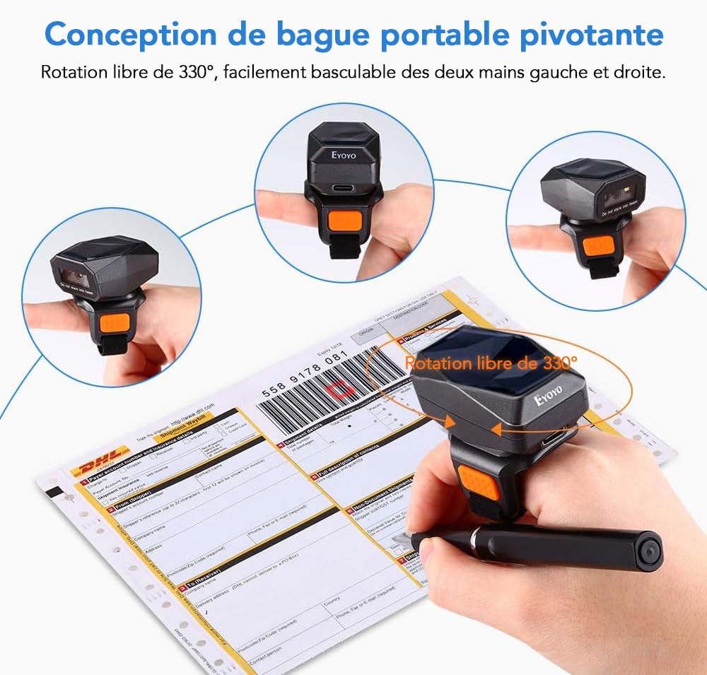 Eyoyo Lecteur Code Barres 2D d'anneau pour Doigt, Mini Portable 3-en-1 | 2.4G sans Fil, Bluetooth, USB Filaire, Mode stockage, 1D QR pour iPad, Smartphone PC Supermarchés entrepôts librairies