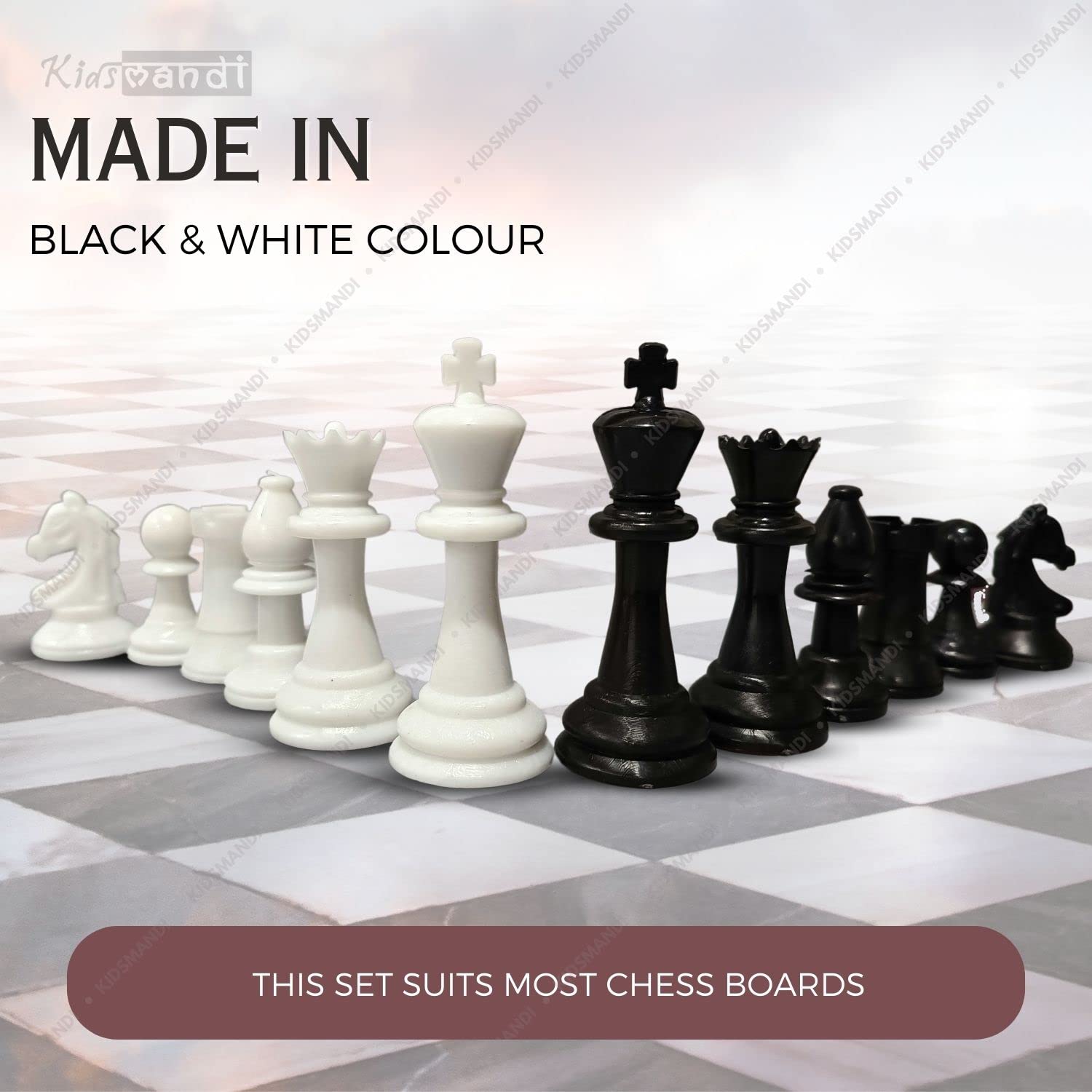 Kids Mandi Triple Weighted Tournament Chess Pieces Set | Large Sized Chess Coins with Lint Pad | Complete Set of 32 Black & White Chessmen (Without Mat) - Image 6 thumbnail