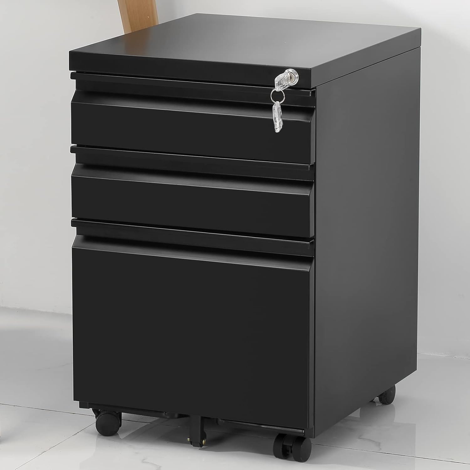 3-Drawer Mobile File Cabinets Rolling Metal Filing Cabinet for Legal & Letter File Anti-tilt Design with Lock Under Desk Office Drawers Fully Assembled Except Casters Black