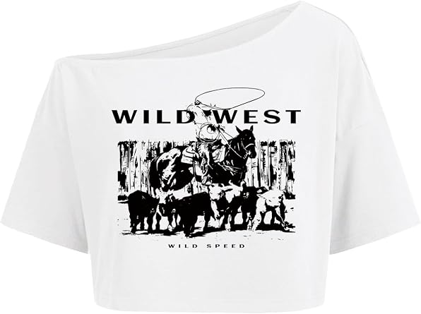 Hilinker Womens Off Shoulder Crop Tops Loose Graphic Tee | Short Sleeve T Shirt, Asymmetrical Neckline, Baggy, Casual, 90s, Western, Country Concert, Going Out