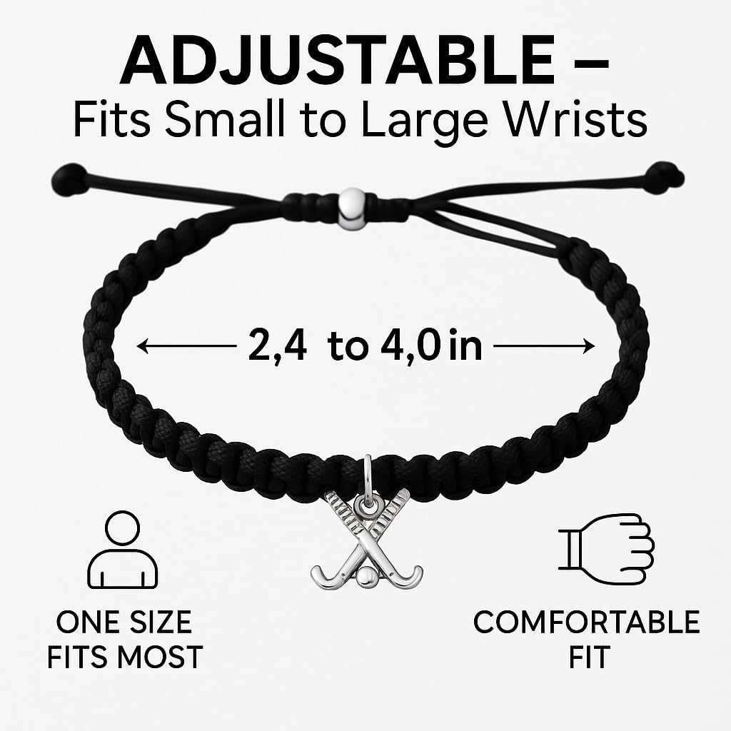 Sportybella Field Hockey Bracelet – Black Adjustable Rope Bracelet with Silver Field Hockey Sticks Charm – Team Jewelry, Gifts for Field Hockey Players & Coaches - Image 4