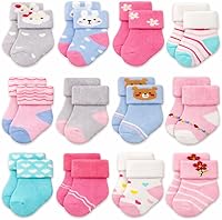 RATIVE Newborn Baby Socks 0-12 Months Terry Turn Cuff Ankle Socks for Boys Girls - Soft Breathable Cotton