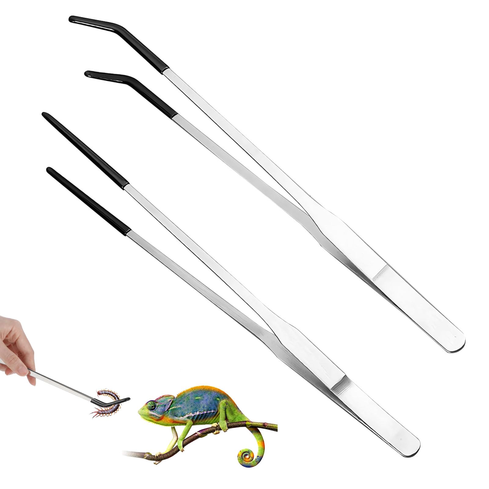 Zestaw szczypiec do karmienia gadów, 2 szt., bardzo długie, 27 cm, zakrzywione, proste pęsety z gumowymi końcówkami, do akwarium, narzędzi terrarium, karmienia węży i przycinania roślin