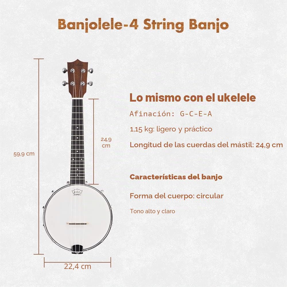 Mulucky Banjolele,Juego de 4 cuerdas para ukelele de banjo, tamaño de concierto de 23 pulgadas, parte trasera cerrada de madera maciza, bolsa de sintonizador, correa de correa de cuerda – BU806