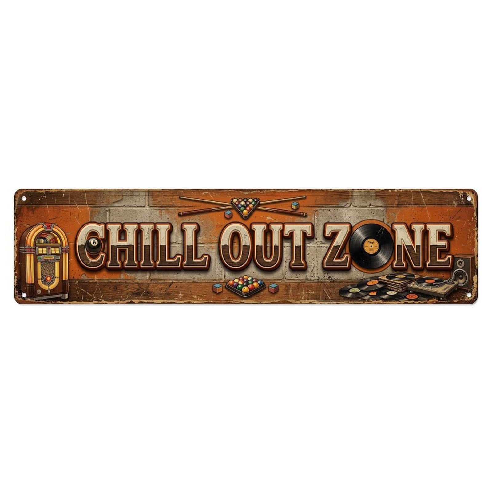 Chill Out Zone Worn Basement 1 Metal Tin Skinny Sign Plaque Wall Decor for Cafe, Club Bar, Office, Home Garden Metal Poster 4x16Inch
