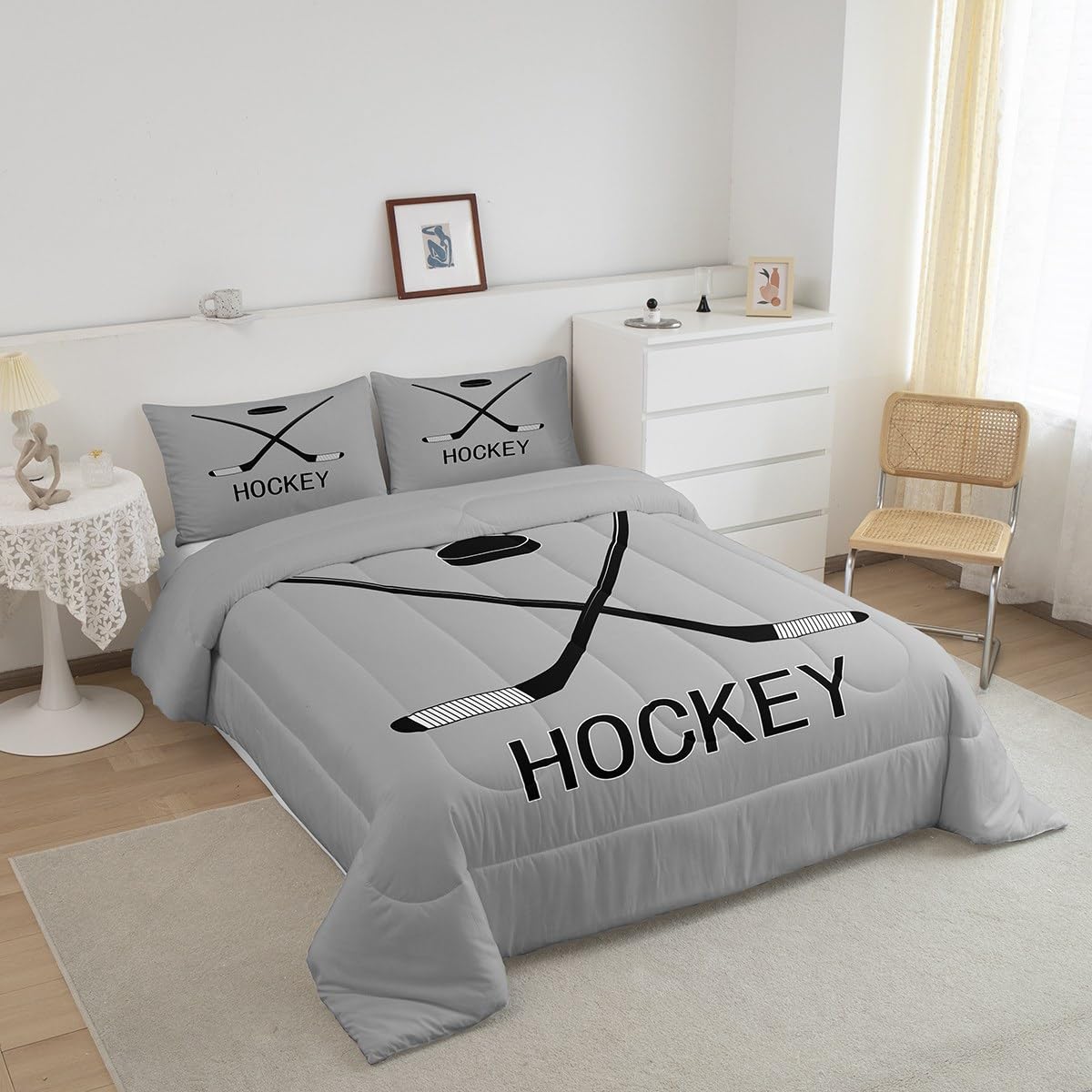 Erosebridal Ice Hockey Queen Bedding Set, Winter Ball Puck Comforter Set Sport Games Down Comforter for Kids Boys Teens Men, Equipments Stick Quilted Duvet Ice Hockey Room Decor, Grey Black