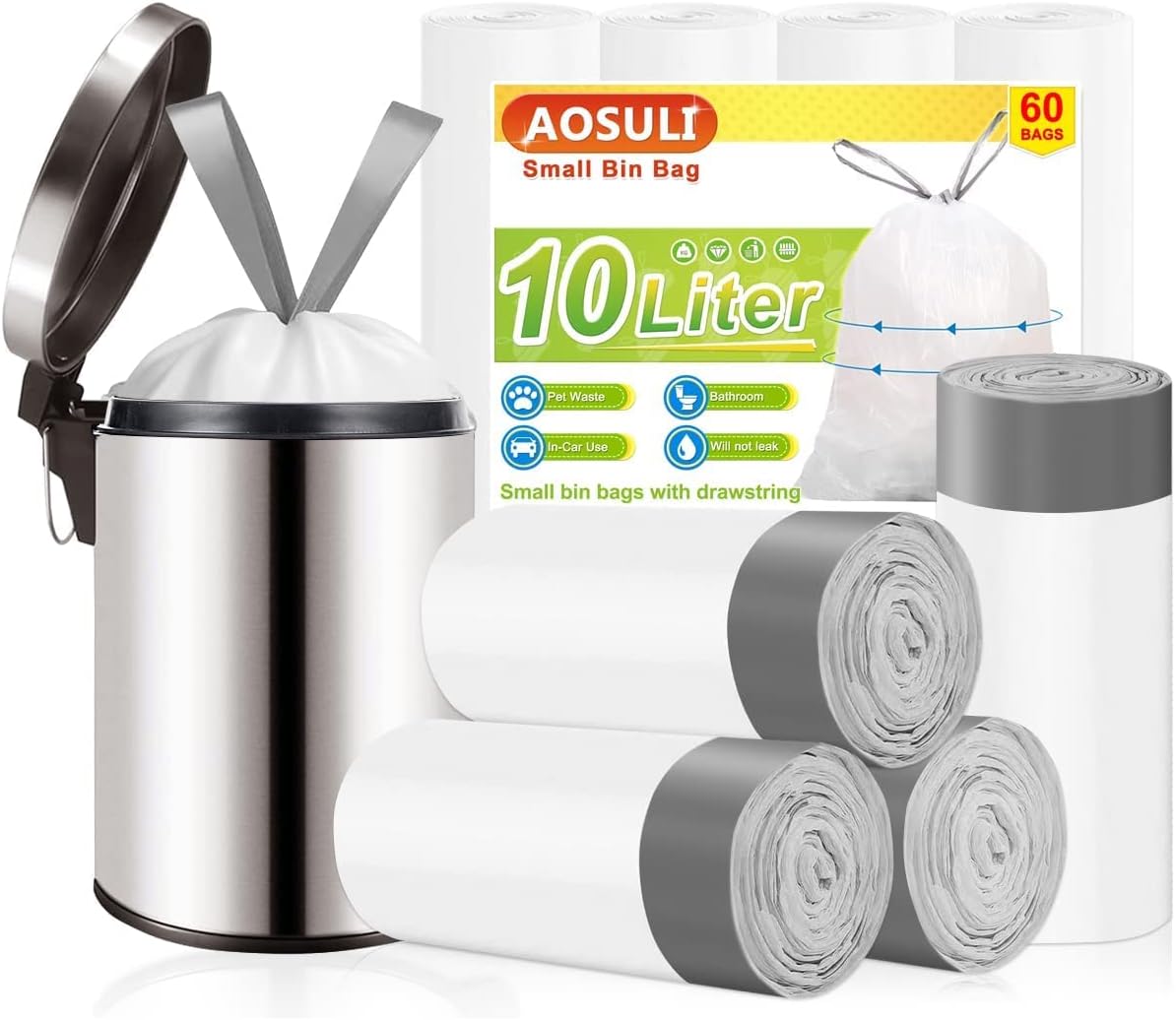 – 10L Bin Liners Drawstring bin bags with Tie Handle,Small Bin Bags for Bathroom pedal Bin,Office Waste Paper Bin(60 Liners, White)