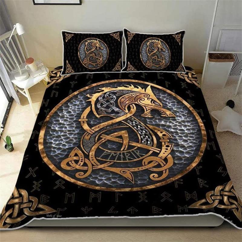 Set Housse de Couette 240x260cm Totem-dragon Viking Parure de Lit 2 Personnes Totem De Bateau Pirate Loup Viking 3 Pièces Parure De Lit avec 2 Taies d'oreiller 50x75cm,...