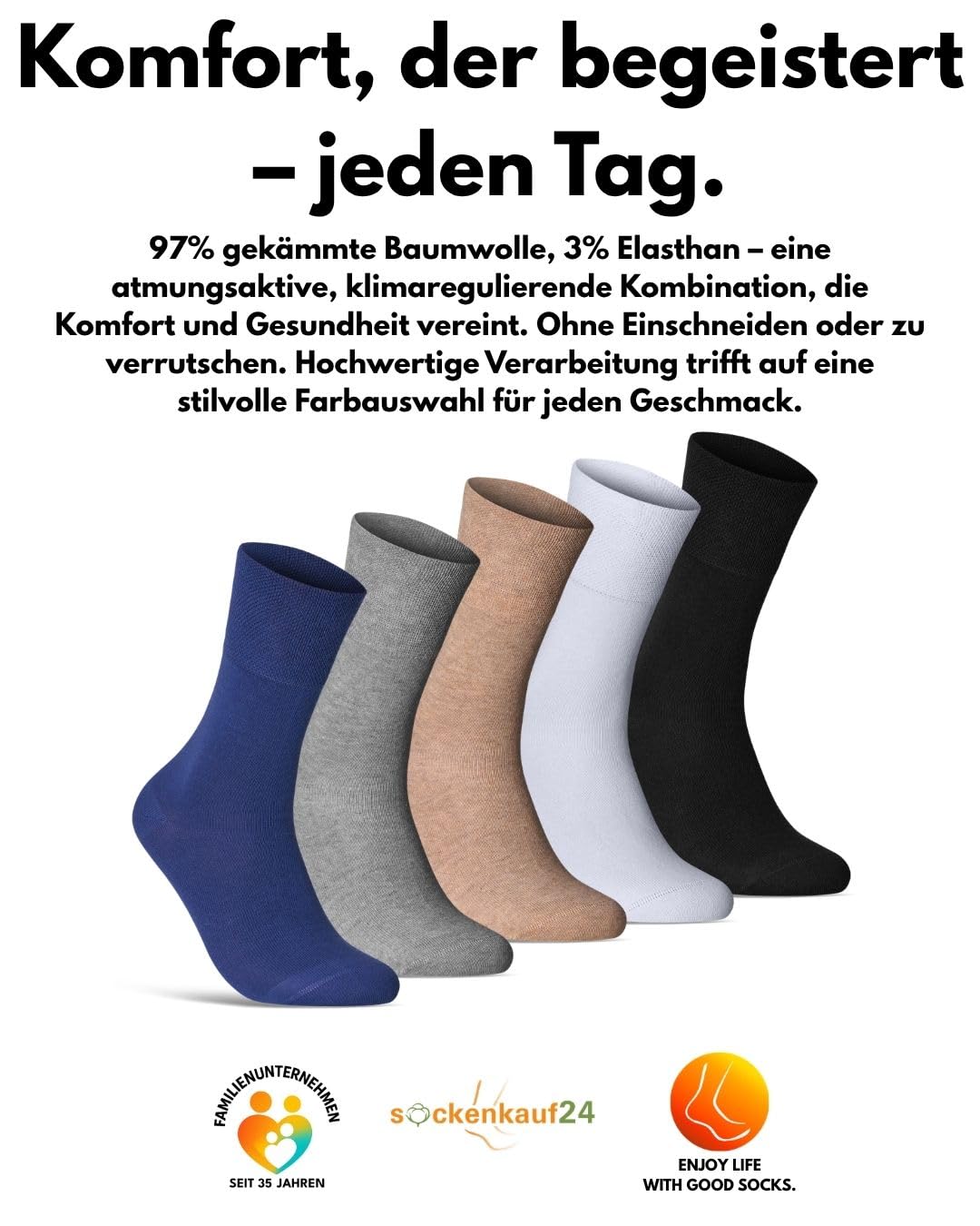 sockenkauf24 Diabetikersocken ohne Gummibund & ohne Naht 97% Baumwolle (6 Paar) Diabetiker Socken mit Komfortbund für Damen & Herren
