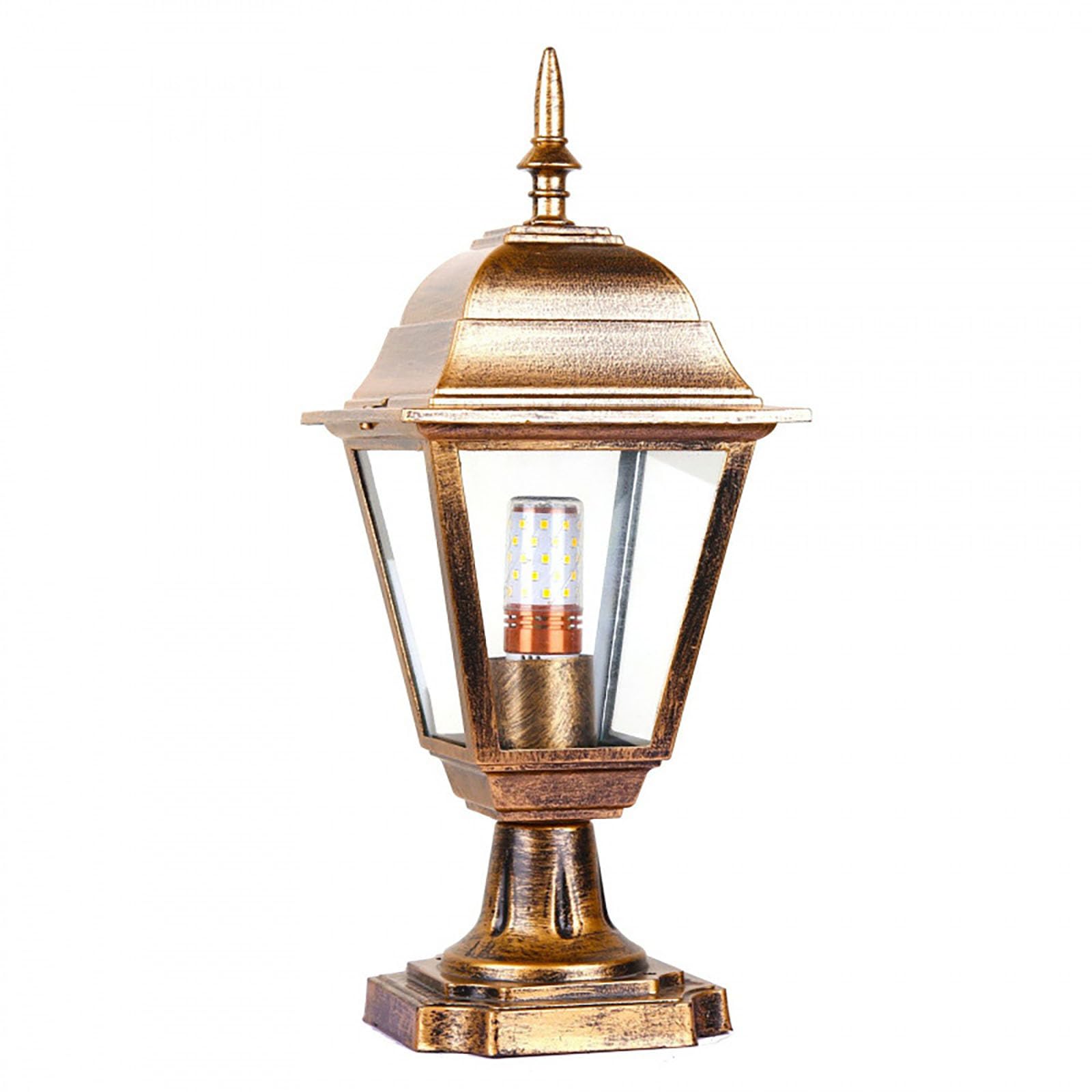Outdoor Pillar Post Light, Die-Cast Aluminium, Antique Gold, Clear Glass Panel, Garden Gate and Balcony Lantern