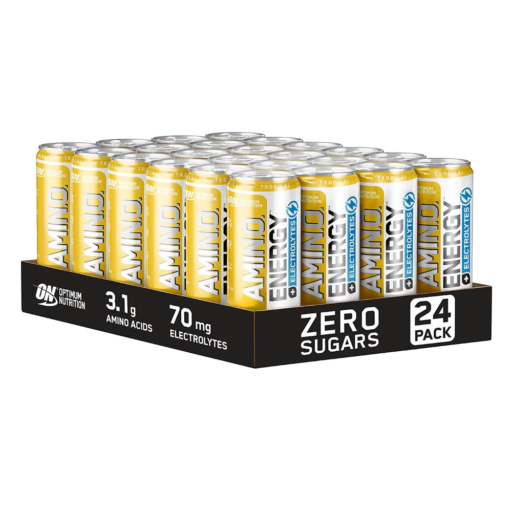 Optimum Nutrition Essential Amino Energy + Electrolytes, boisson énergétique EAA sans sucre, prête à boire, avec électrolytes et caféine, pré-entraînement pour hommes et femmes, Tropical, 24x250 ml