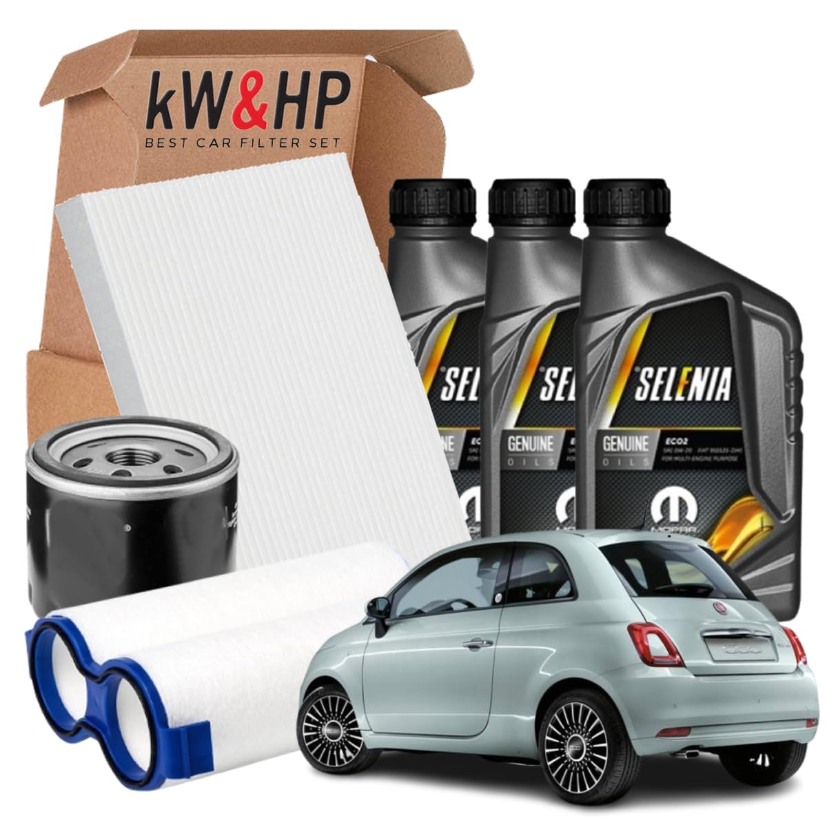 KIT TAGLIANDO 3 FILTRI + 3 LITRI OLIO MOTORE ORIGINALE 0W20 COMPATIBILE CON 500 1.0 HYBRID IBRIDA