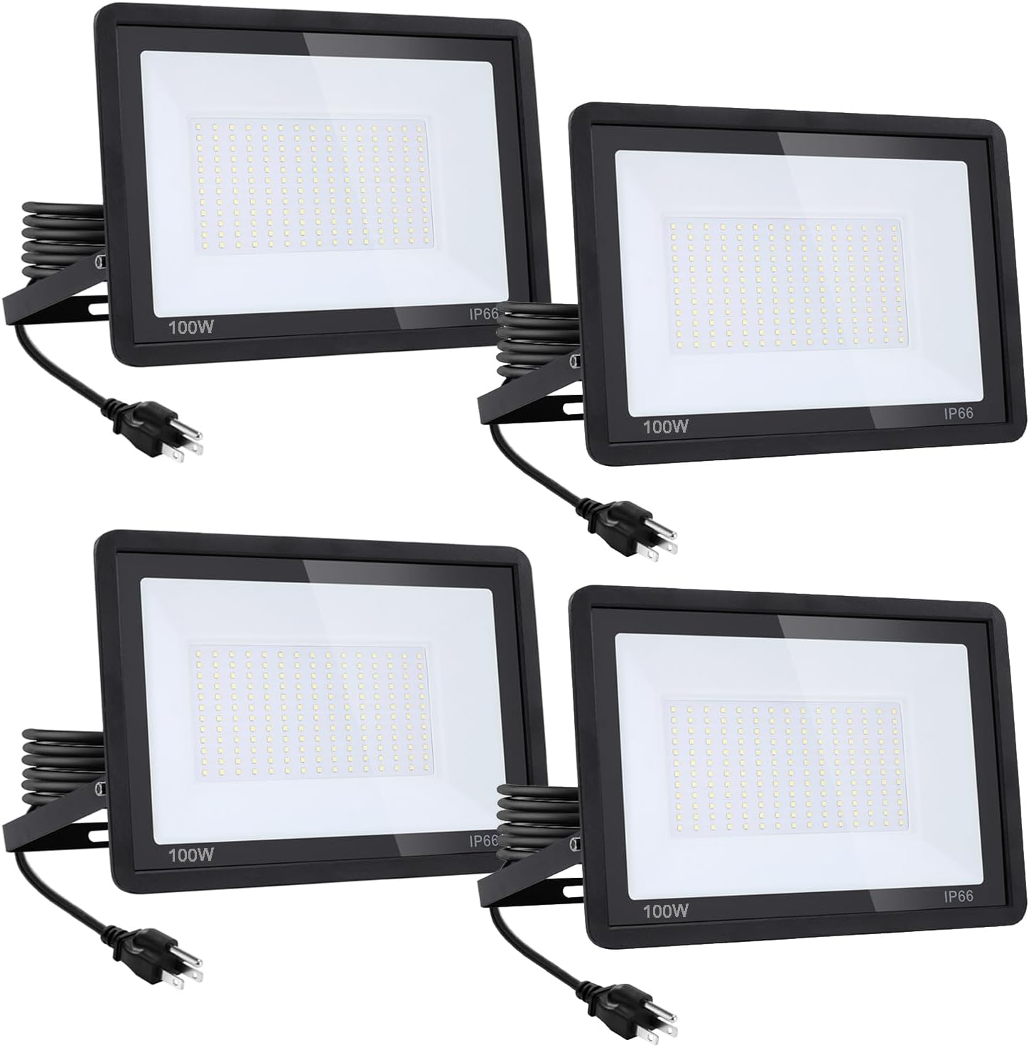 4Pack-100W LED Flood Light Outdoor,11000lm LED Work Light with 6FT US Plug,IP67 Waterproof Exterior Security Lights,6000K Daylight White Outside Floodlights Slim Design for Playground Yard Stadium
