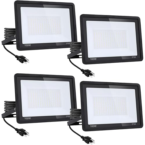 4Pack-100W LED Flood Light Outdoor,11000lm LED Work Light with 6FT US Plug,IP66 Waterproof Exterior Security Lights,6000K Daylight White Outside Floodlights Slim design for Playground Yard Stadium
