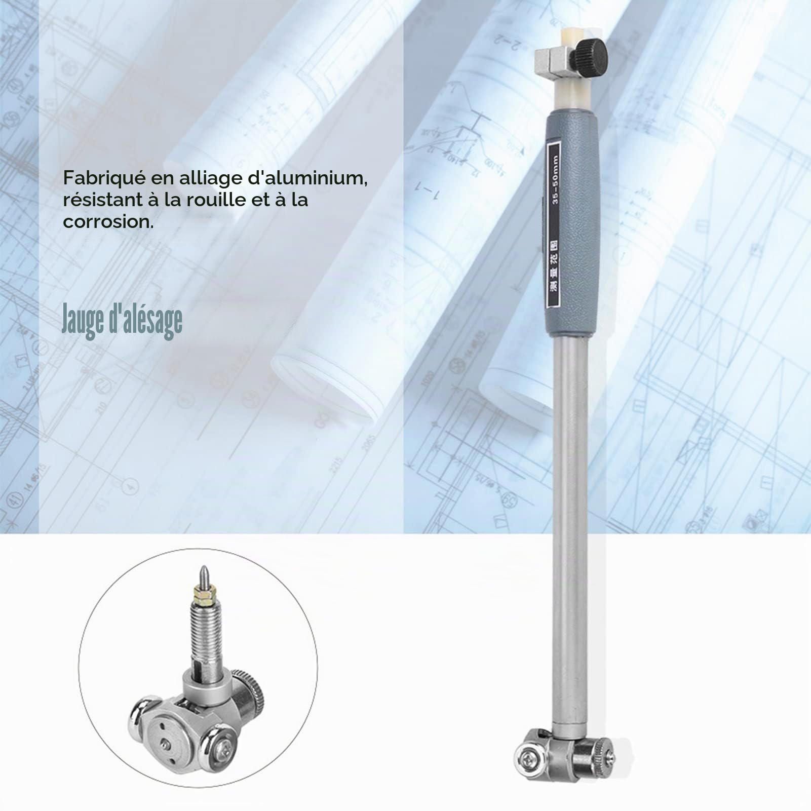 Indicateur D'alésage à Cadran Jauge D'alésage Alliage D'aluminium 35~50Mm Indicateur de Jauge D'alésage à Cadran avec Kit de Pointe Compteur de Diamètre Intérieur en Alliage