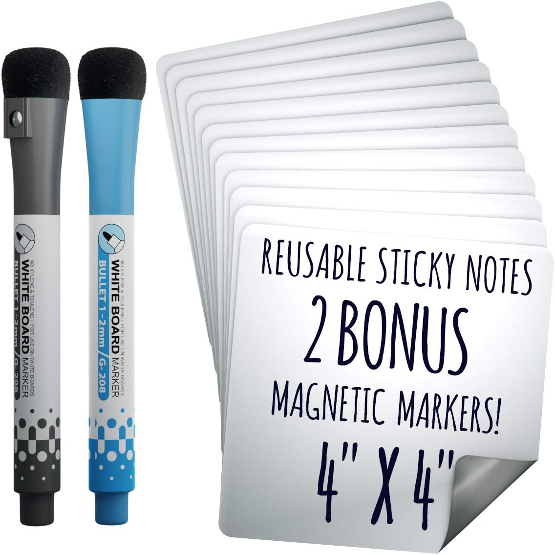 Dry Erase Reusable Sticky Notes – 12 Pack of 4 x4 Whiteboard Stickers – for Home, Office & Classroom – Great for Lists, Reminders, Labels & Decals – Includes 2 Magnetic Fine Tip Markers with Erasers