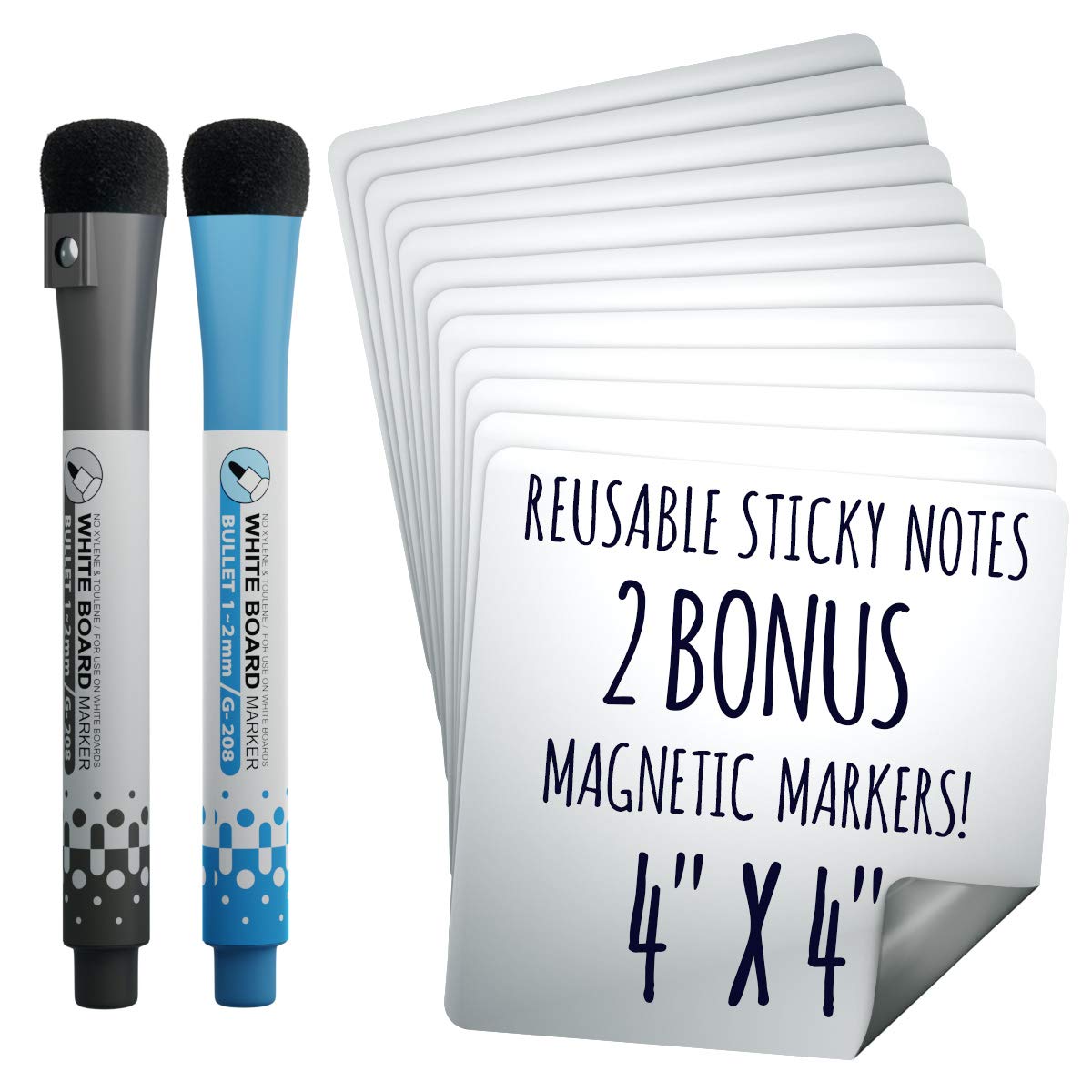 Dry Erase Sticky Notes - 6 Pack of 4″x4″ Small Whiteboard Stickers - Great for Lists, Reminders, Labels, and Decals - 2 Magnetic White Board Markers with Erasers - Sticks to Almost Any Surface