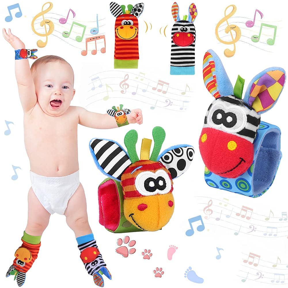 Baby Rattle Socks, Cute Plush Entertainment Tools Game Socks Animal Soft Baby Wrists Gift Kits for Girls and Boys (2 Hands Rattles + 2 Socks Rattles)