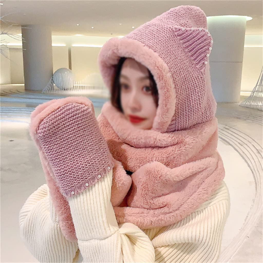 TWDYC Autumn and Winter Women' s Warm Scarf, Hat, Gloves, Three- Piece Solid Color Lamb Wool Plus Velvet Padded Scarf (Color : C, Size : One Size)