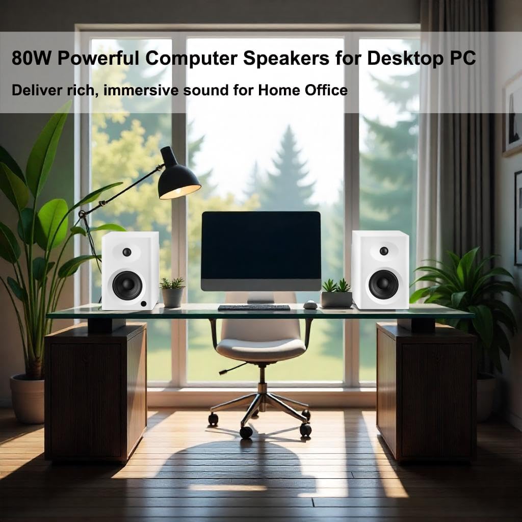 Desktop Speakers for PC, Bookshelf Speakers with Clear Highs & Punchy Bass - 4" Woofer, 80W Peak HiFi Audio for Monitor, Home Theater Sound System and Computer, White Pair - Image 5