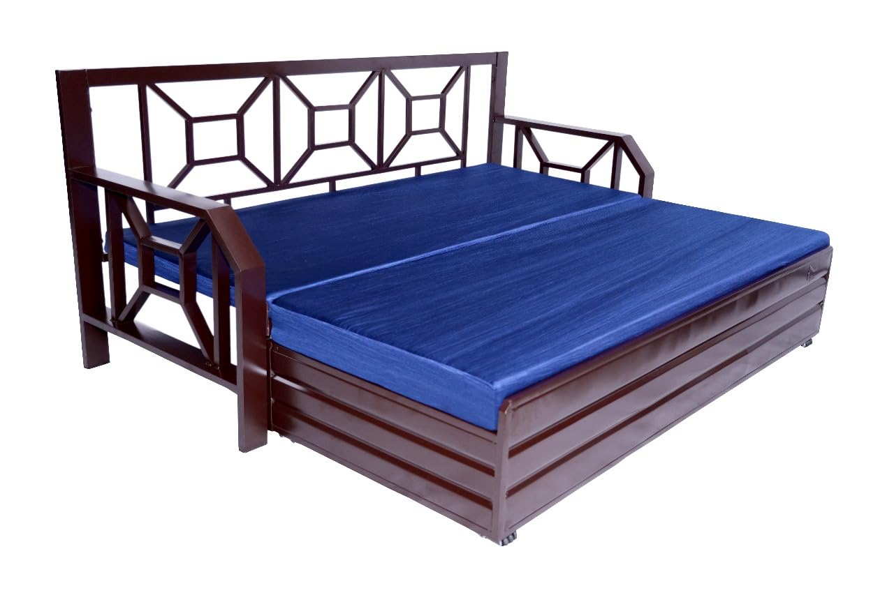 Single Size Metal Sofa Cum Bed | 3-Seater Pull-Out Convertible Sofa Bed with Blue Cushions & Pillows | Matte Brown Finish | Space-Saving & Durable (75×48 Inch) Single Size Metal Sofa Cum Bed | 3-Seater Pull-Out Convertible Sofa Bed with Blue Cushions & Pillows | Matte Brown Finish | Space-Saving & Durable (75×48 Inch)